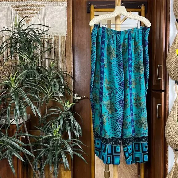 Vintage Plus Size 2 Piece Set 22W 24W Teal Patchwork Rayon Pants Shirt Outfit - Picture 6 of 16